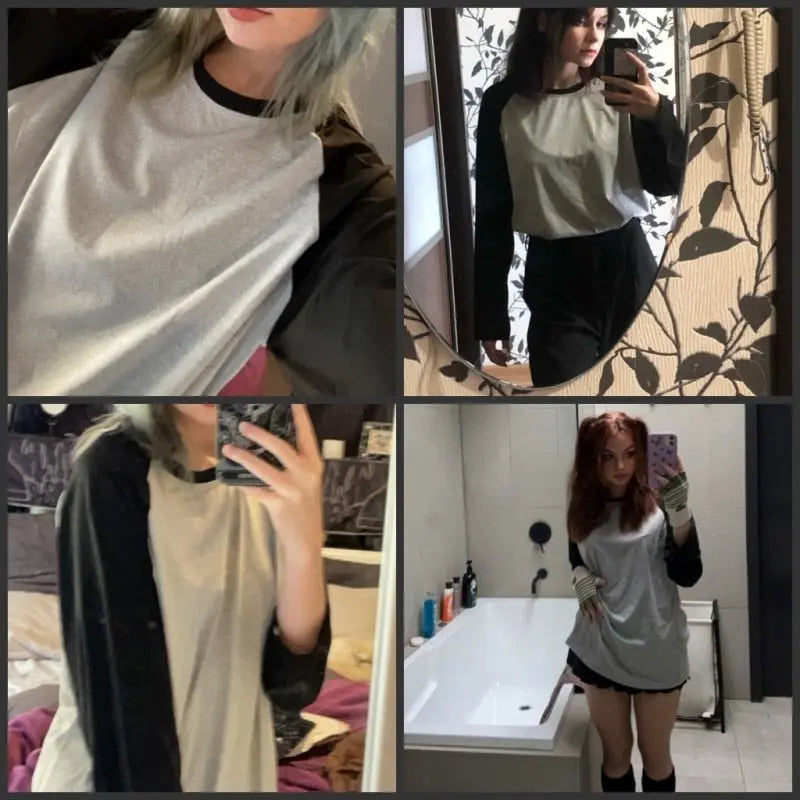 Female T-shirt Round collar Contrast Color Long Sleeve T Shirt Women spring T-Shirts - Blade & Thread