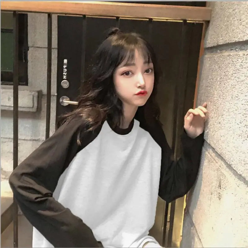 Female T-shirt Round collar Contrast Color Long Sleeve T Shirt Women spring T-Shirts - Blade & Thread