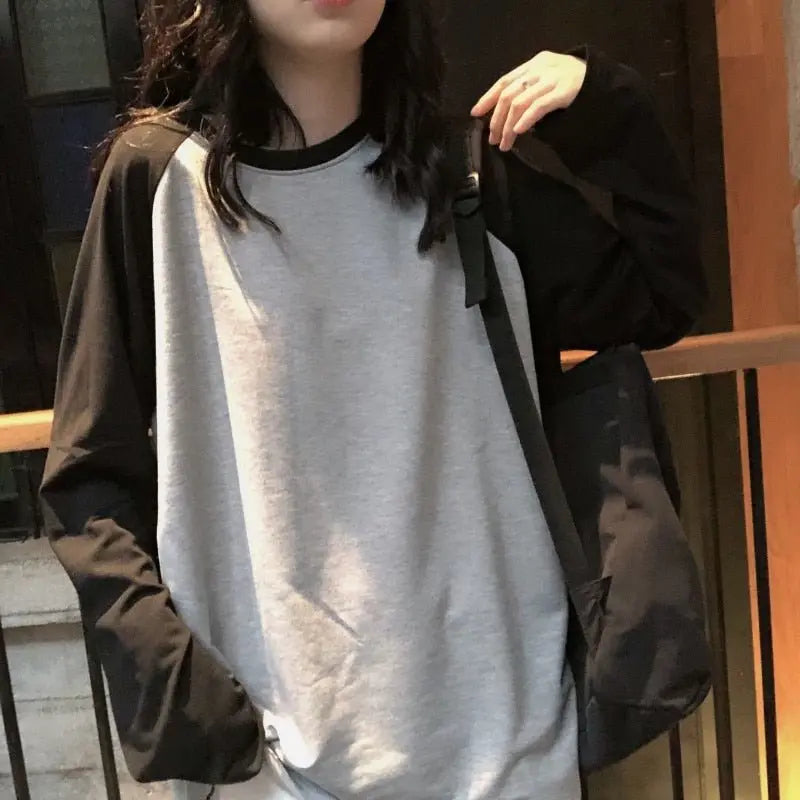 Female T-shirt Round collar Contrast Color Long Sleeve T Shirt Women spring T-Shirts - Blade & Thread