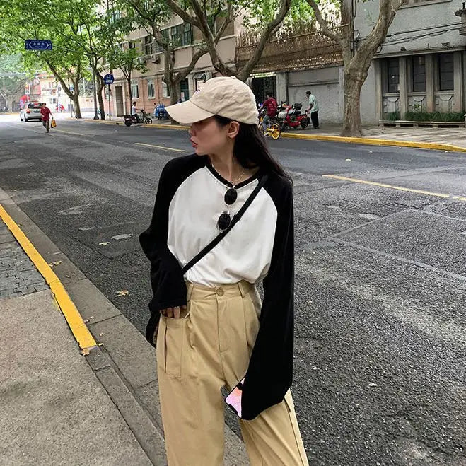 Female T-shirt Round collar Contrast Color Long Sleeve T Shirt Women spring T-Shirts - Blade & Thread