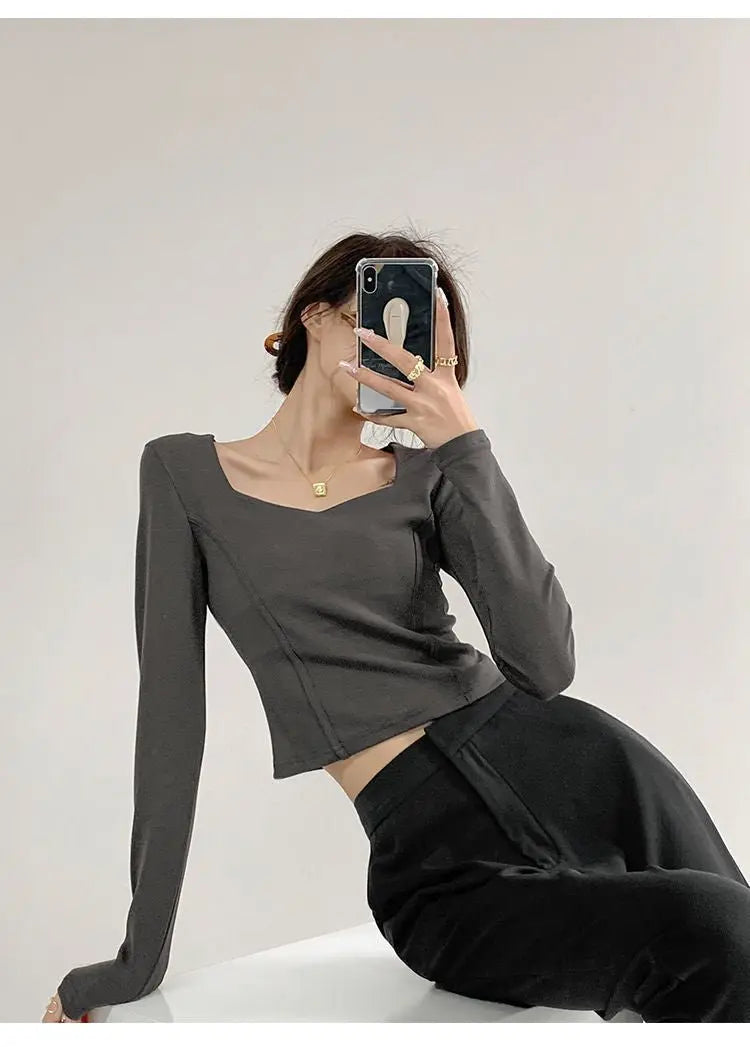 Fishbone Pattern Women's Long Sleeve T-shirt High Waist Slim Square Collar Tops Woman - Blade & Thread