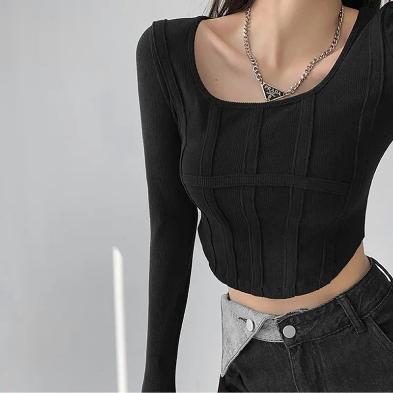Fishbone Pattern Women's Long Sleeve T-shirt High Waist Slim Square Collar Tops Woman - Blade & Thread