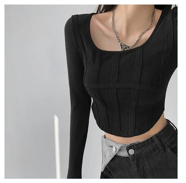 Fishbone Pattern Women's Long Sleeve T-shirt High Waist Slim Square Collar Tops Woman - Blade & Thread
