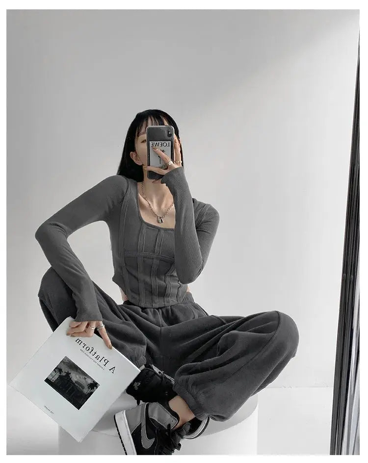 Fishbone Pattern Women's Long Sleeve T-shirt High Waist Slim Square Collar Tops Woman - Blade & Thread