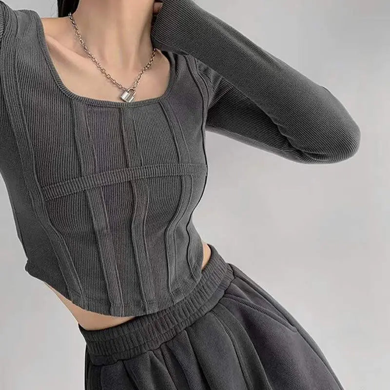 Fishbone Pattern Women's Long Sleeve T-shirt High Waist Slim Square Collar Tops Woman - Blade & Thread