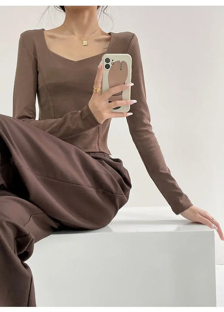 Fishbone Pattern Women's Long Sleeve T-shirt High Waist Slim Square Collar Tops Woman - Blade & Thread