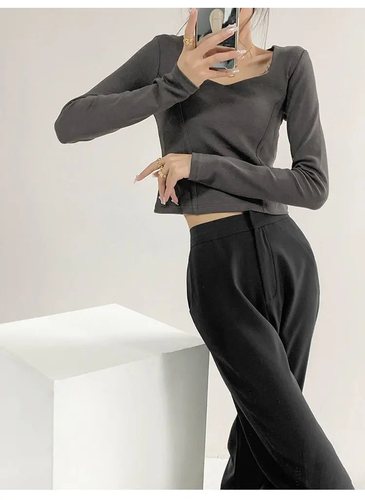 Fishbone Pattern Women's Long Sleeve T-shirt High Waist Slim Square Collar Tops Woman - Blade & Thread