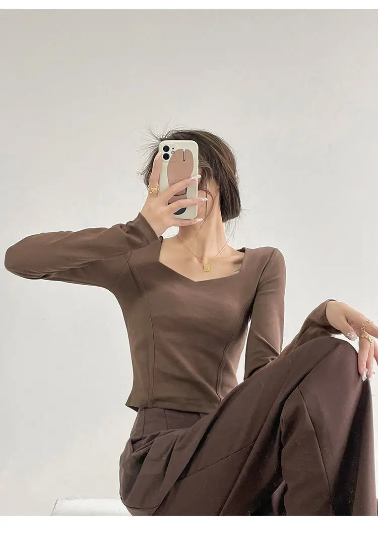 Fishbone Pattern Women's Long Sleeve T-shirt High Waist Slim Square Collar Tops Woman - Blade & Thread
