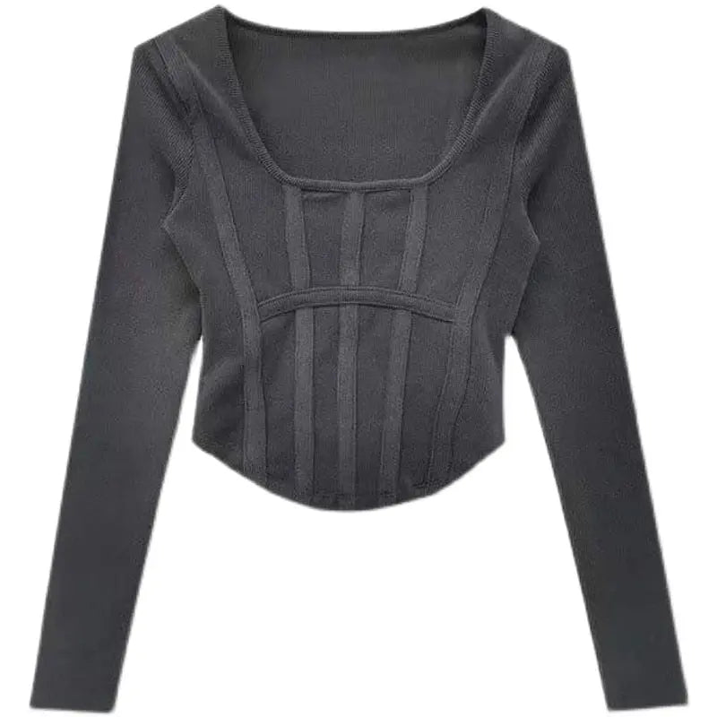 Fishbone Pattern Women's Long Sleeve T-shirt High Waist Slim Square Collar Tops Woman - Blade & Thread
