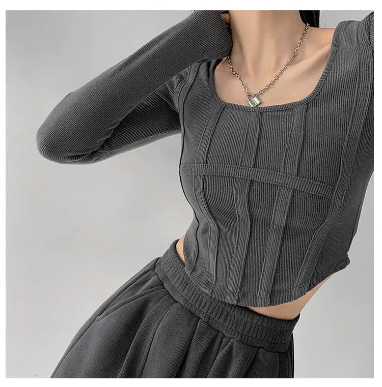 Fishbone Pattern Women's Long Sleeve T-shirt High Waist Slim Square Collar Tops Woman - Blade & Thread