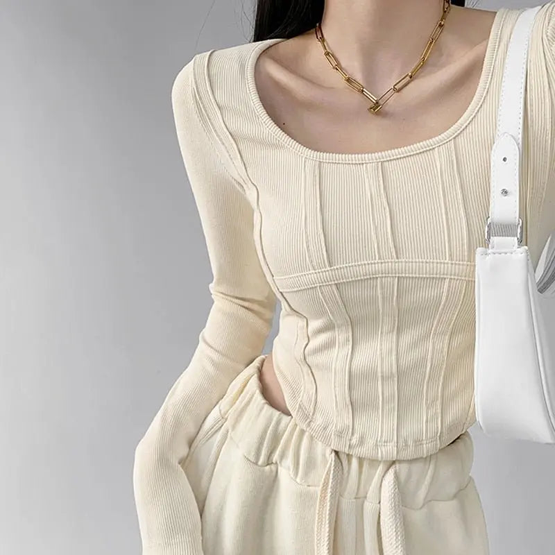 Fishbone Pattern Women's Long Sleeve T-shirt High Waist Slim Square Collar Tops Woman - Blade & Thread