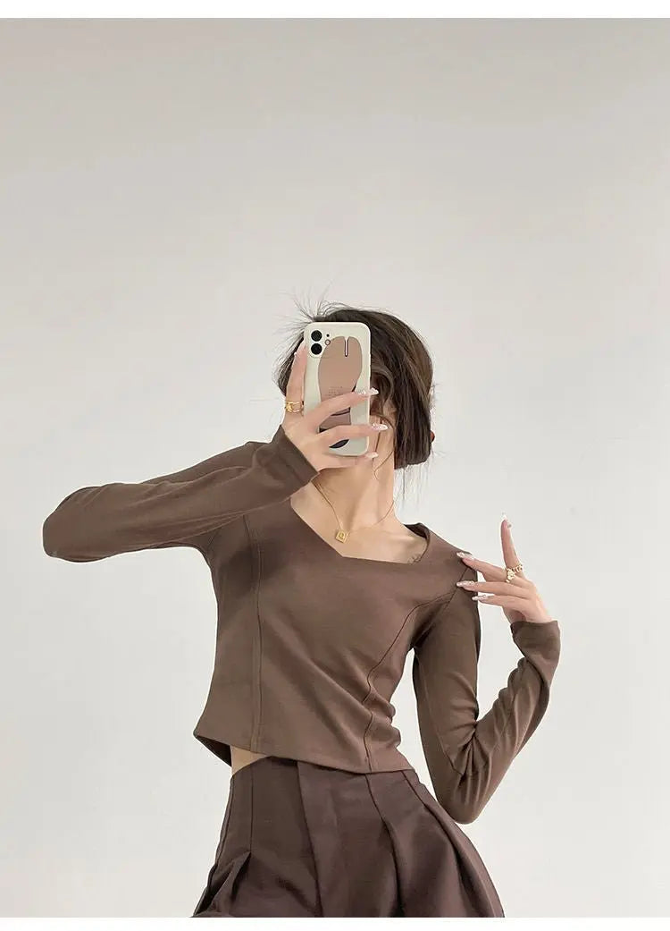 Fishbone Pattern Women's Long Sleeve T-shirt High Waist Slim Square Collar Tops Woman - Blade & Thread