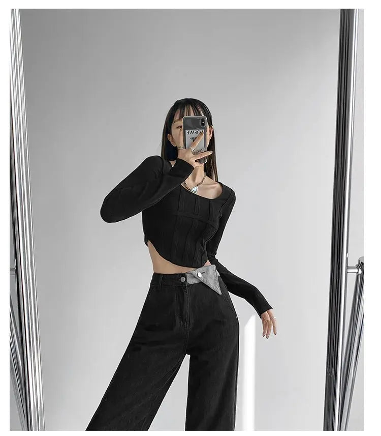 Fishbone Pattern Women's Long Sleeve T-shirt High Waist Slim Square Collar Tops Woman - Blade & Thread