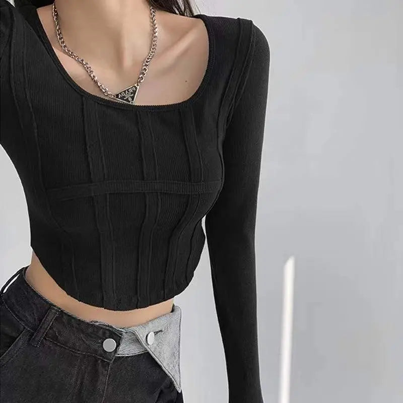 Fishbone Pattern Women's Long Sleeve T-shirt High Waist Slim Square Collar Tops Woman - Blade & Thread