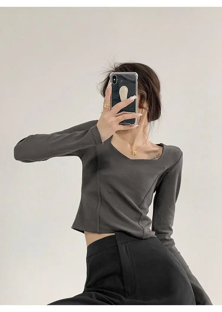 Fishbone Pattern Women's Long Sleeve T-shirt High Waist Slim Square Collar Tops Woman - Blade & Thread