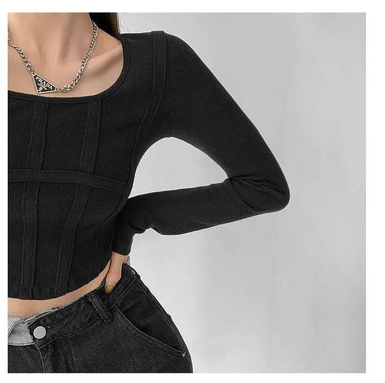 Fishbone Pattern Women's Long Sleeve T-shirt High Waist Slim Square Collar Tops Woman - Blade & Thread