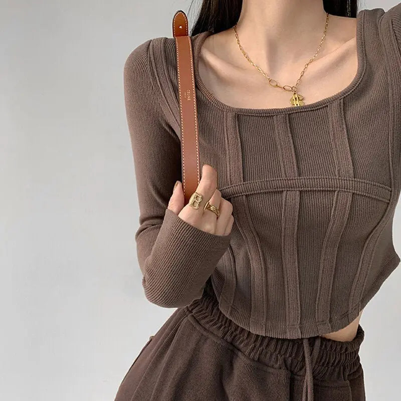 Fishbone Pattern Women's Long Sleeve T-shirt High Waist Slim Square Collar Tops Woman - Blade & Thread