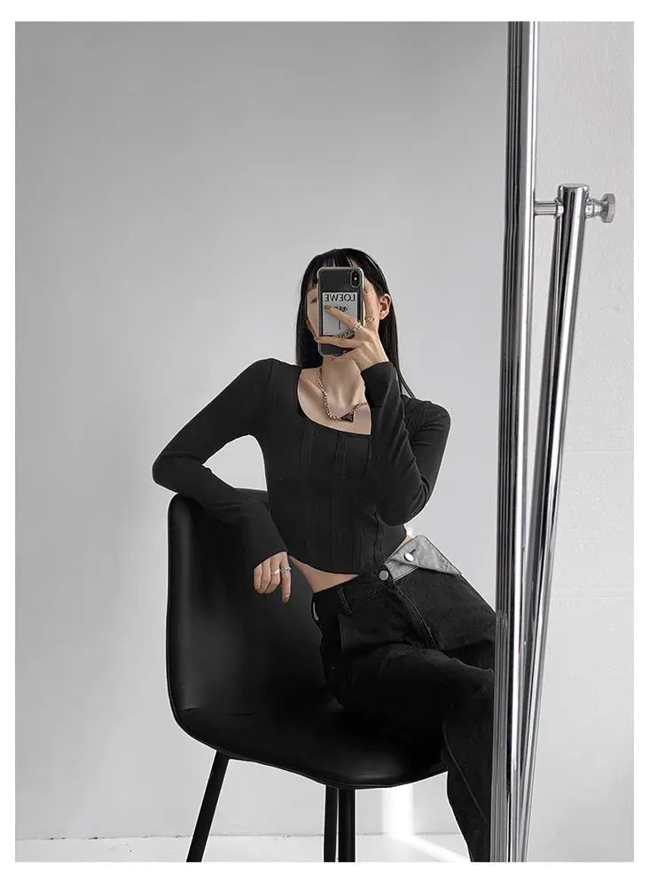 Fishbone Pattern Women's Long Sleeve T-shirt High Waist Slim Square Collar Tops Woman - Blade & Thread
