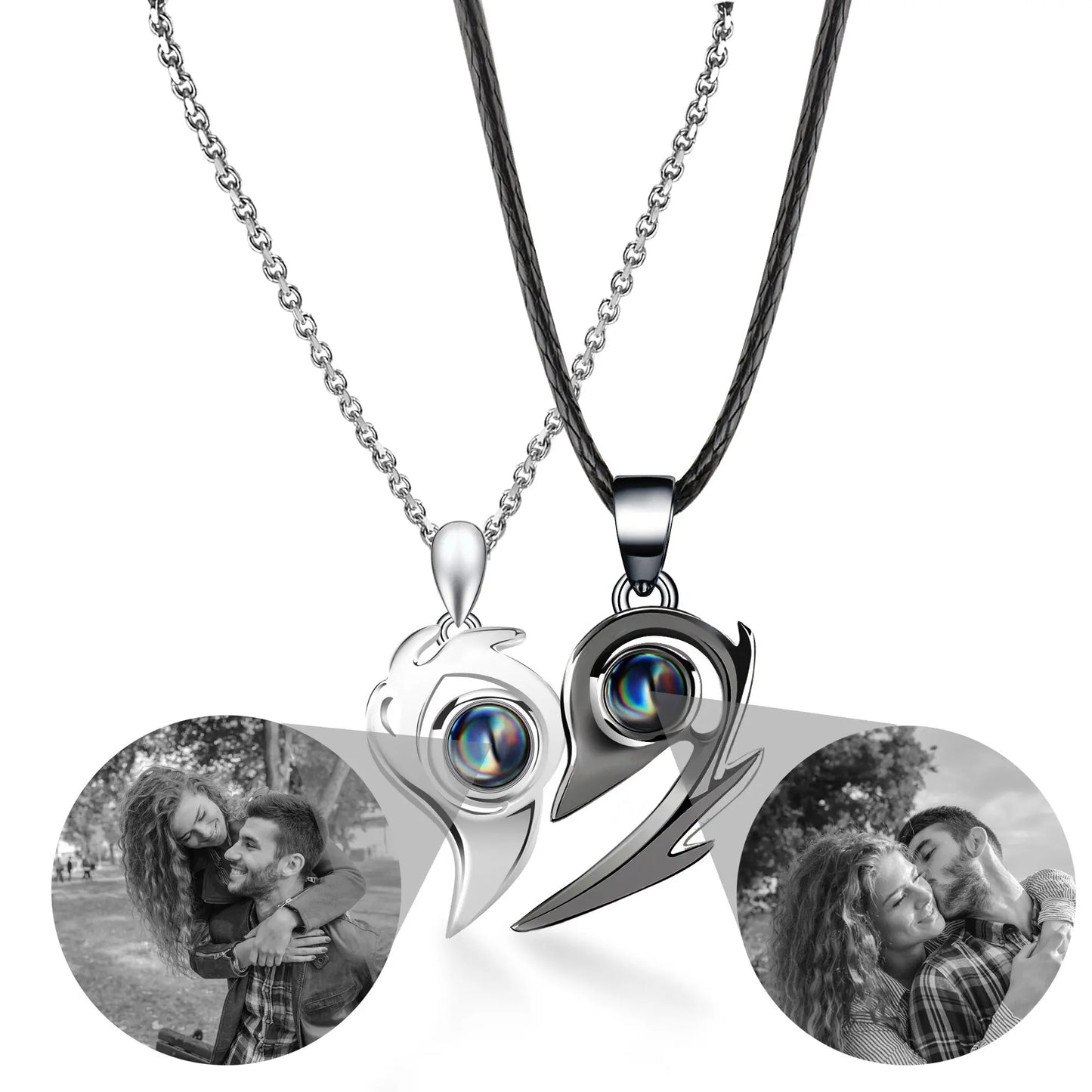 Flame Heart Shaped Custom Photo Projection Couples Necklaces - Blade & Thread
