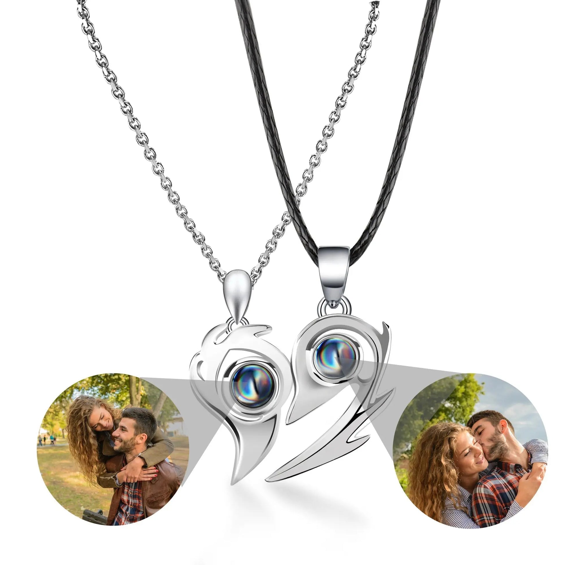 Flame Heart Shaped Custom Photo Projection Couples Necklaces - Blade & Thread