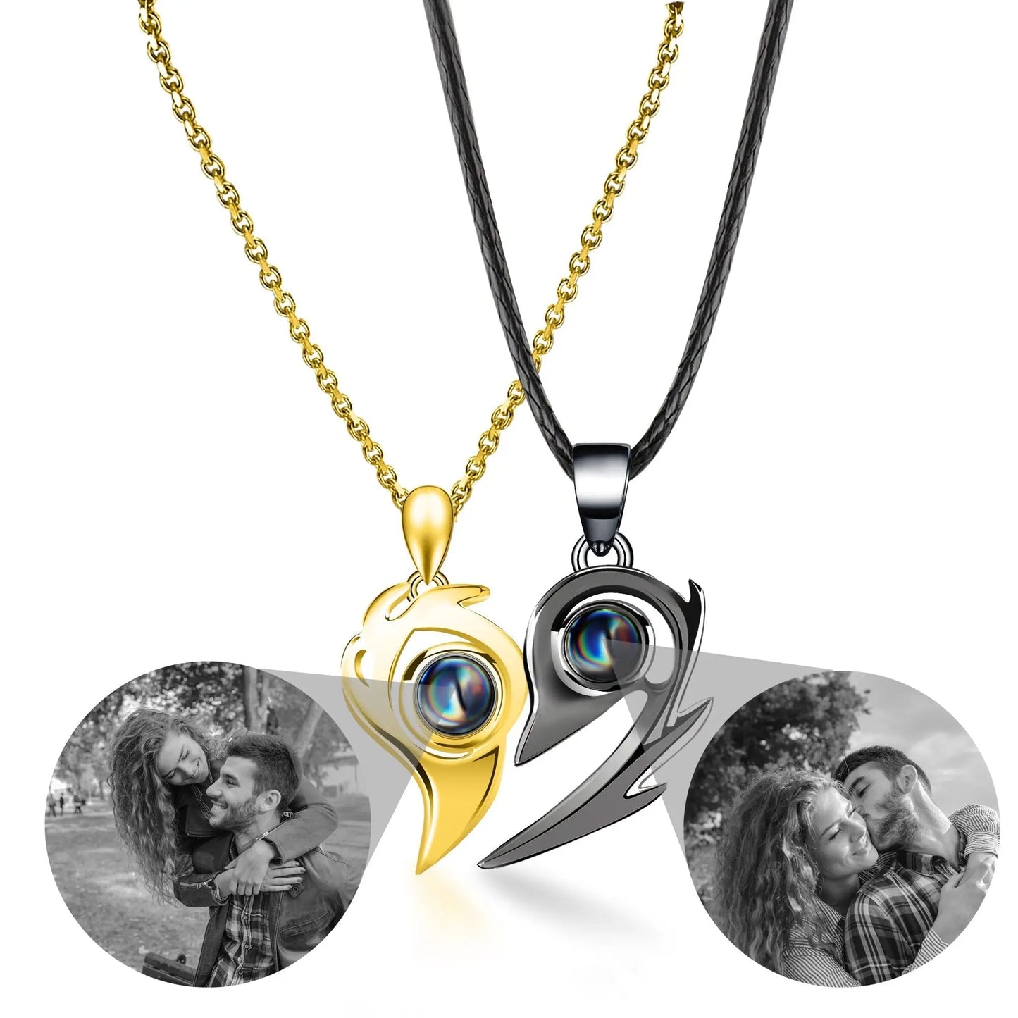 Flame Heart Shaped Custom Photo Projection Couples Necklaces - Blade & Thread