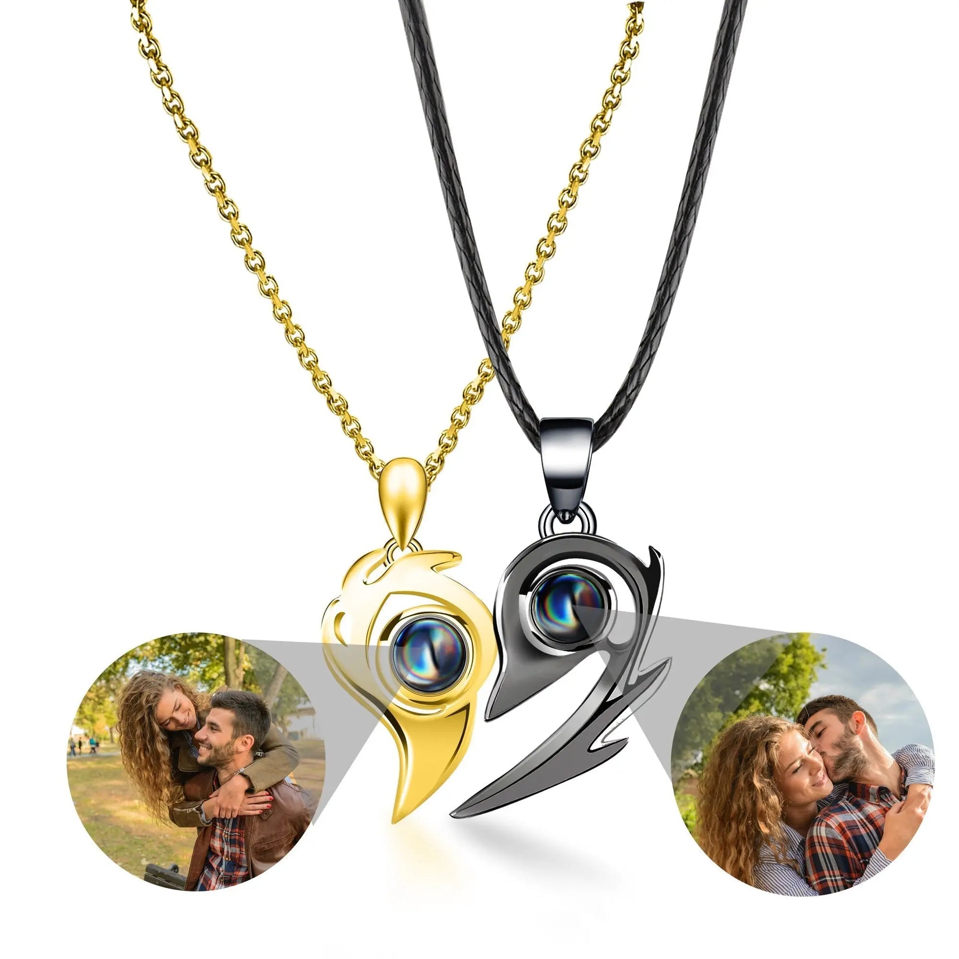 Flame Heart Shaped Custom Photo Projection Couples Necklaces - Blade & Thread