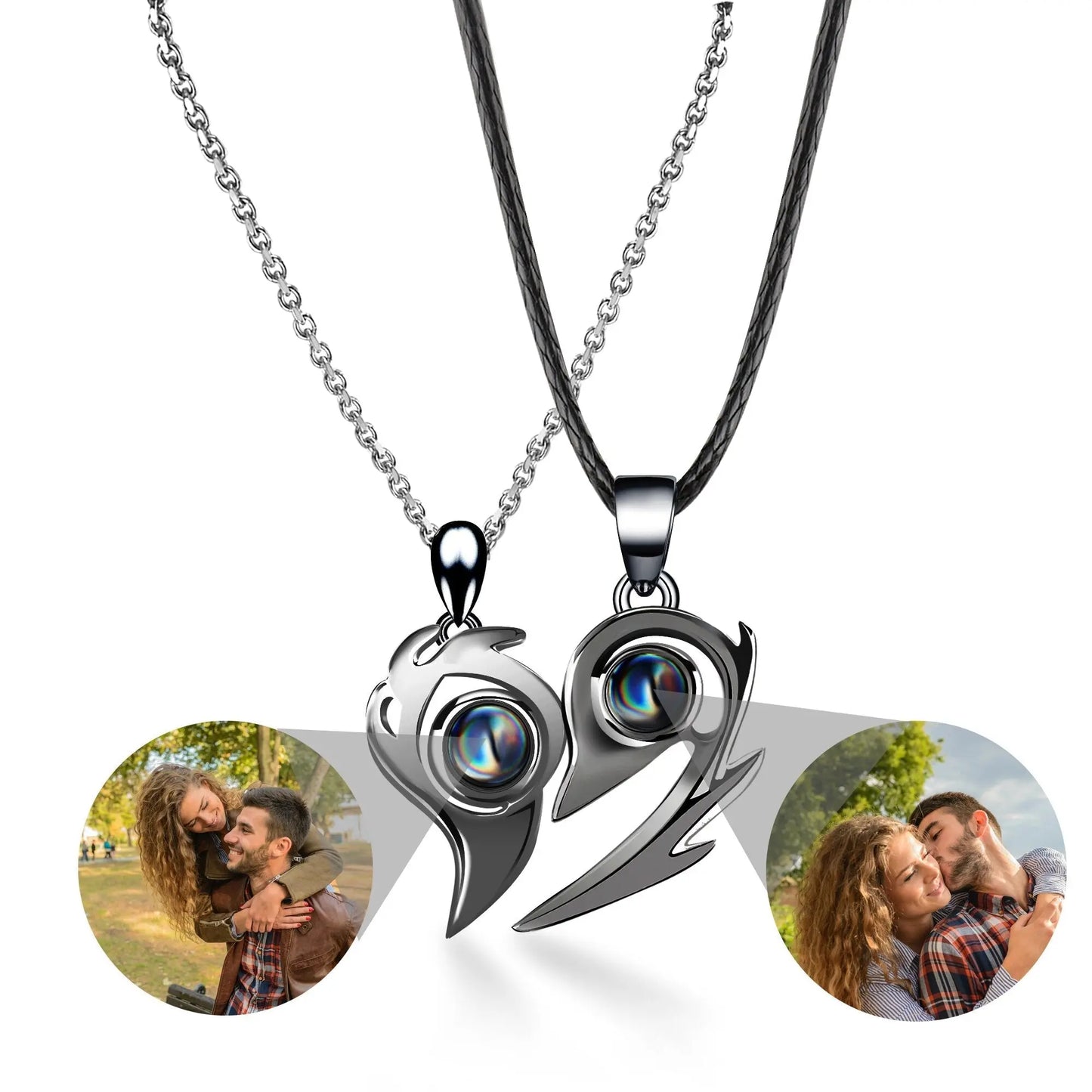 Flame Heart Shaped Custom Photo Projection Couples Necklaces - Blade & Thread