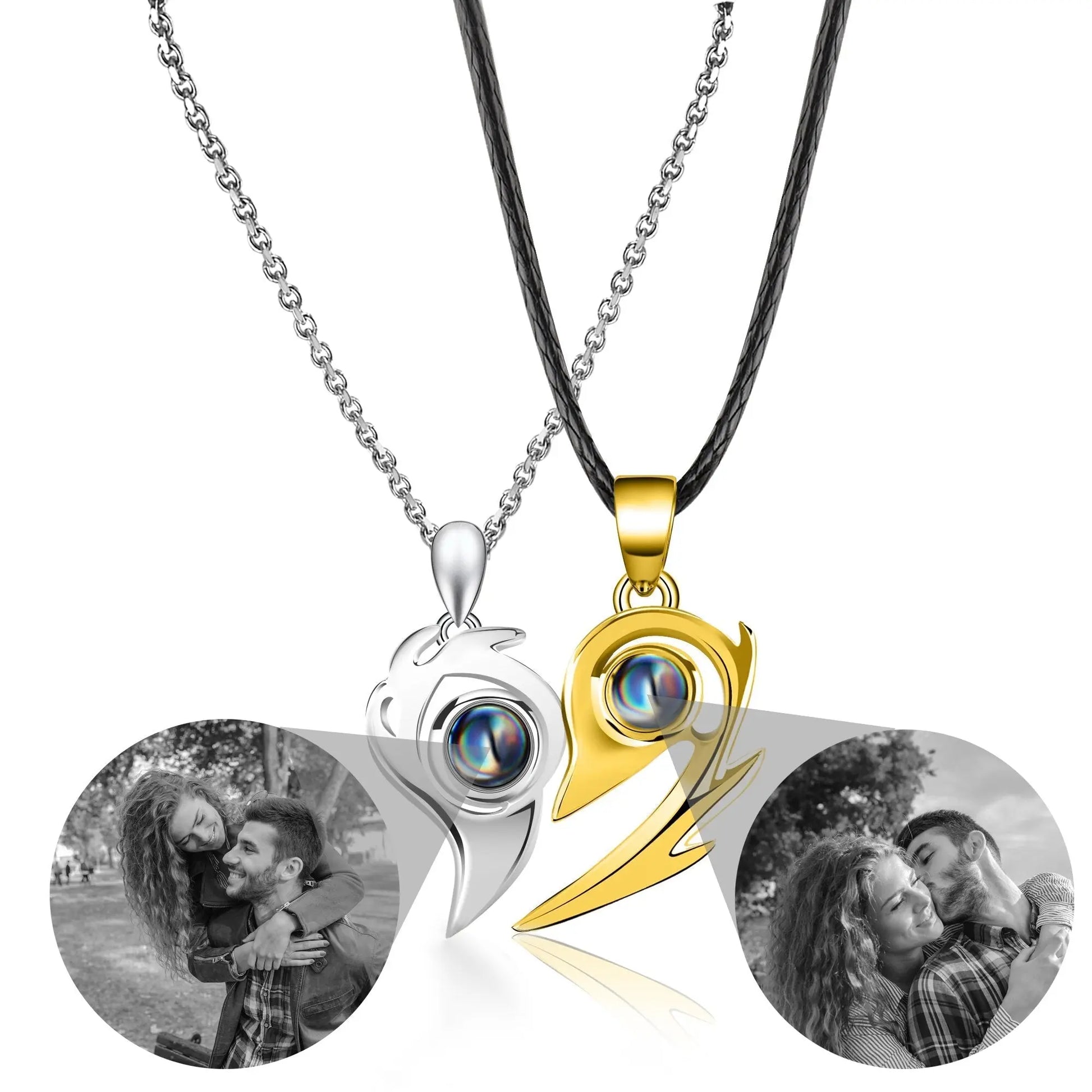 Flame Heart Shaped Custom Photo Projection Couples Necklaces - Blade & Thread