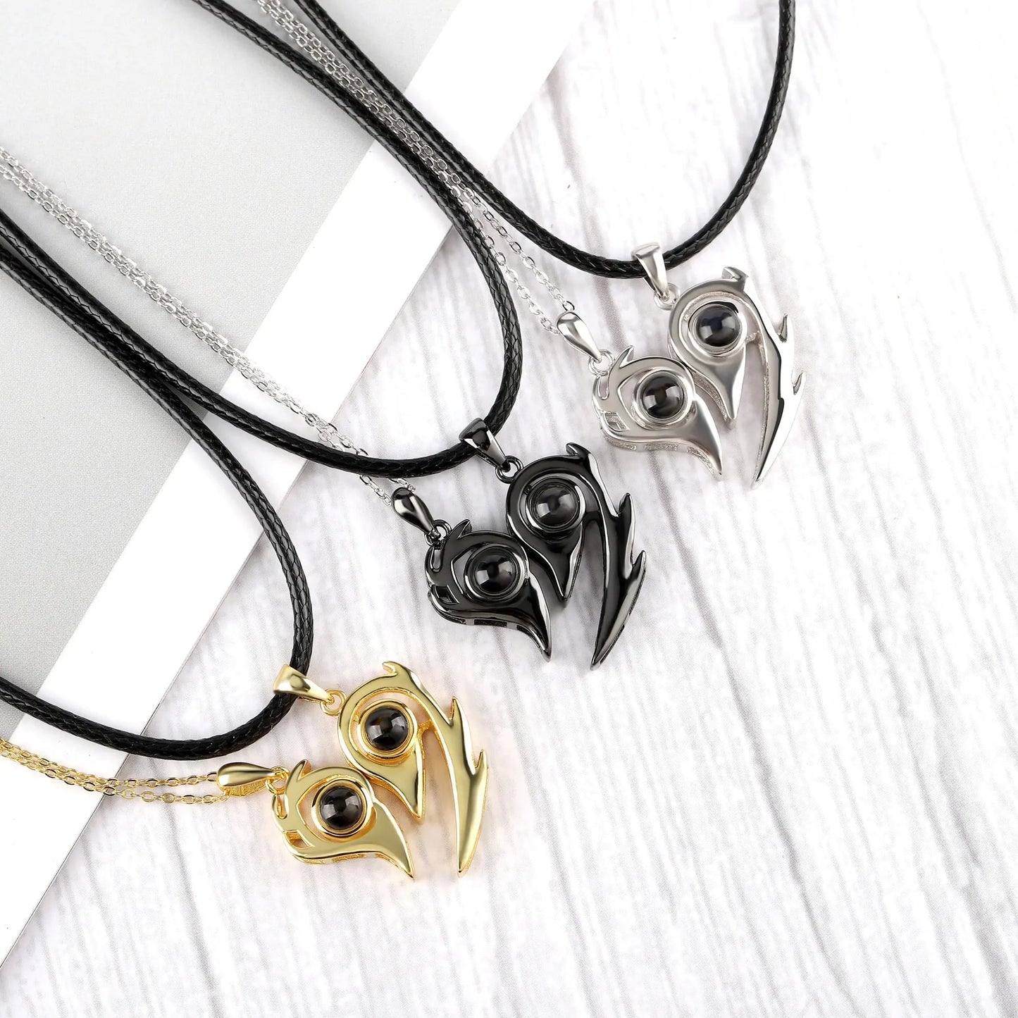Flame Heart Shaped Custom Photo Projection Couples Necklaces - Blade & Thread