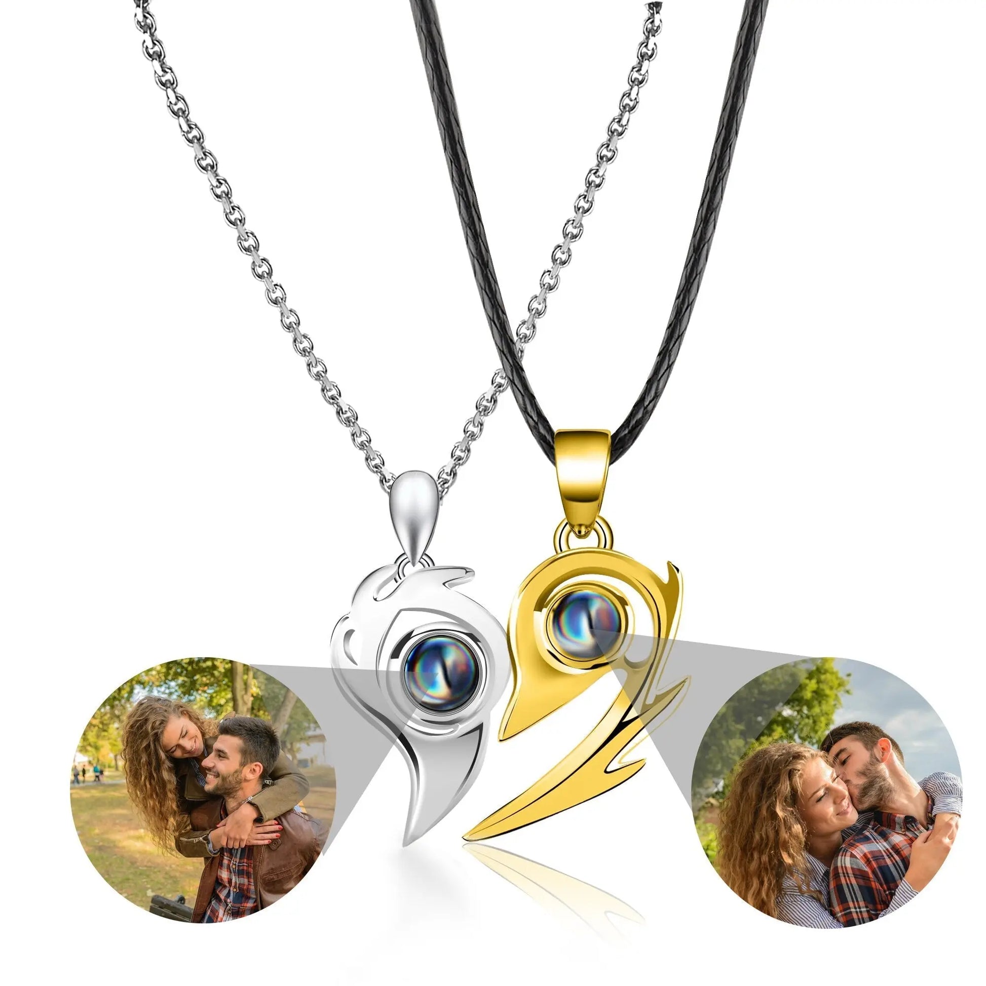 Flame Heart Shaped Custom Photo Projection Couples Necklaces - Blade & Thread