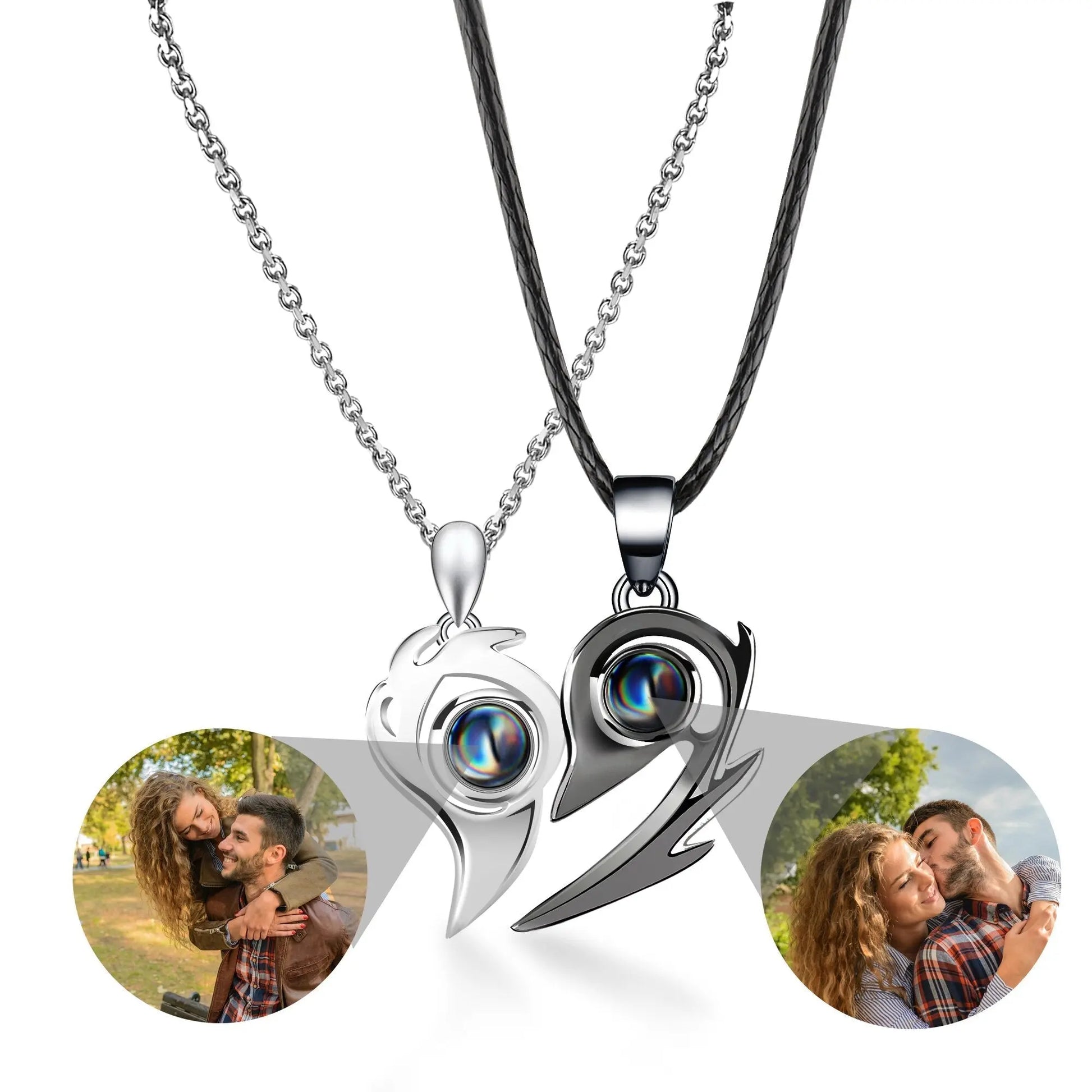 Flame Heart Shaped Custom Photo Projection Couples Necklaces - Blade & Thread