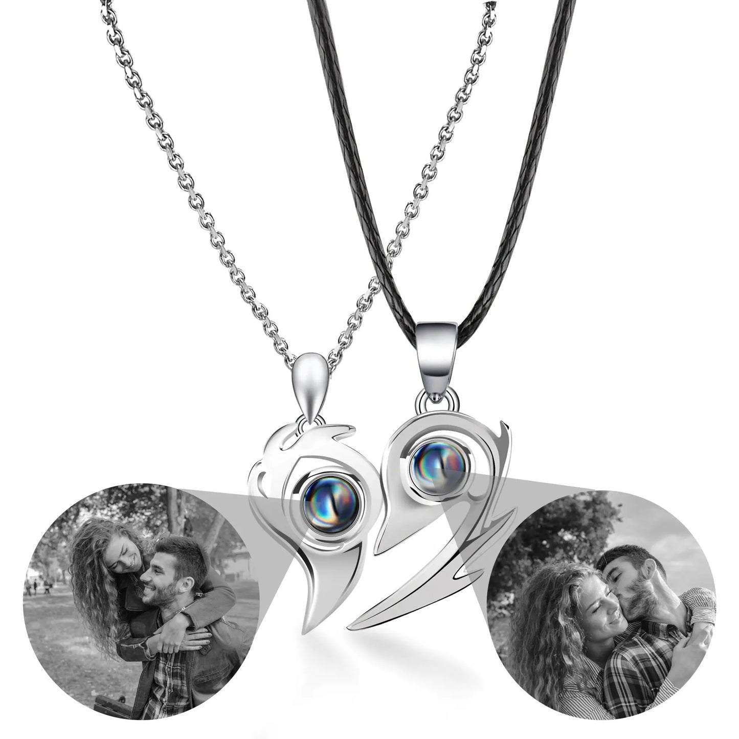 Flame Heart Shaped Custom Photo Projection Couples Necklaces - Blade & Thread