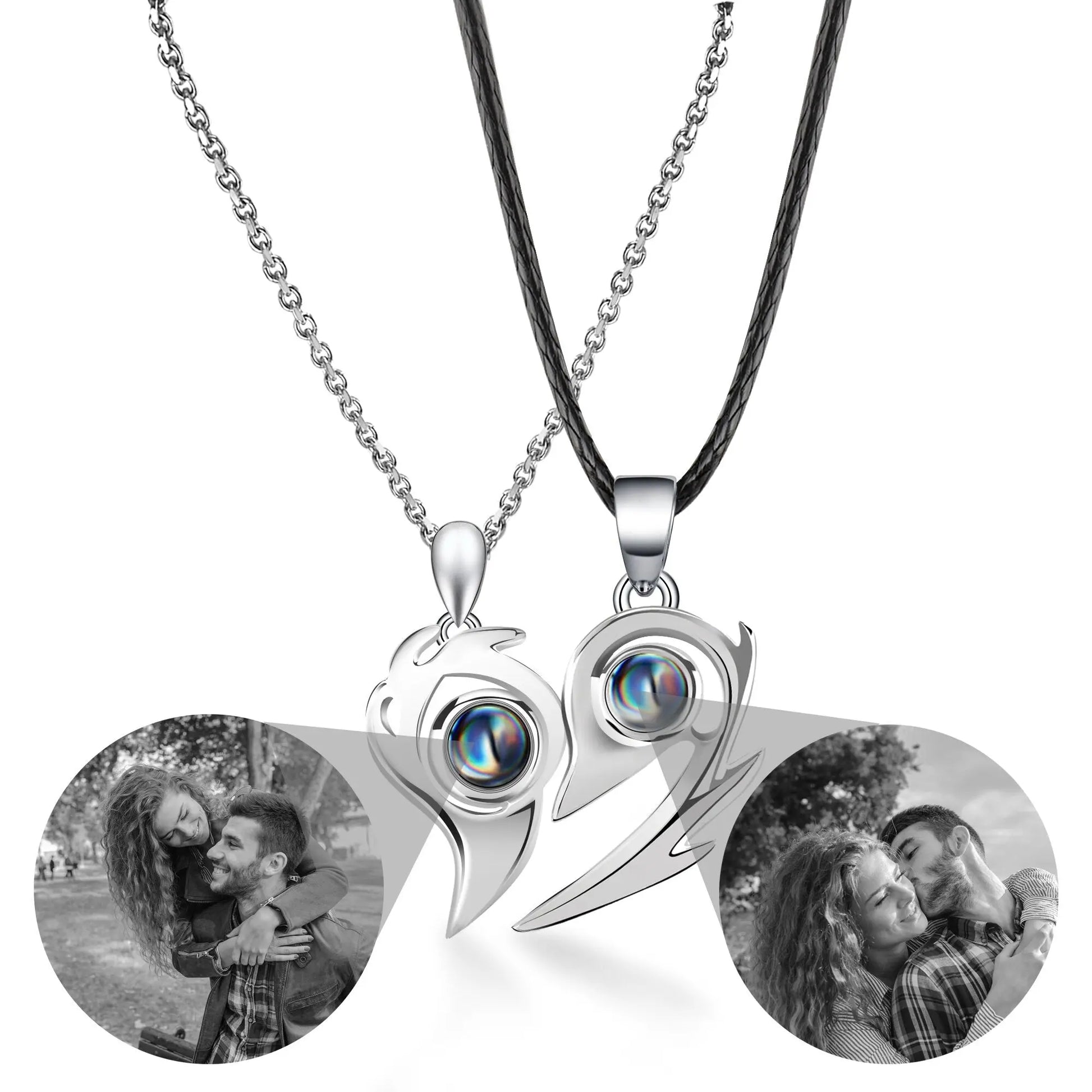 Flame Heart Shaped Custom Photo Projection Couples Necklaces - Blade & Thread
