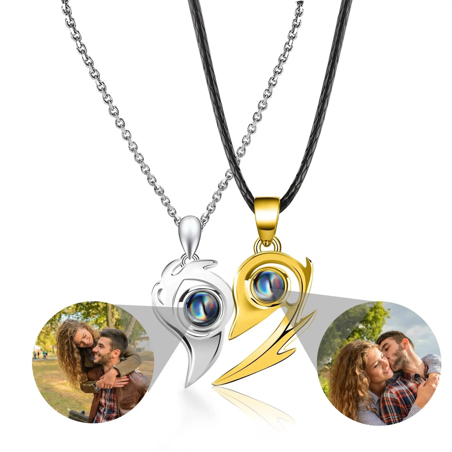 Flame Heart Shaped Custom Photo Projection Couples Necklaces - Blade & Thread