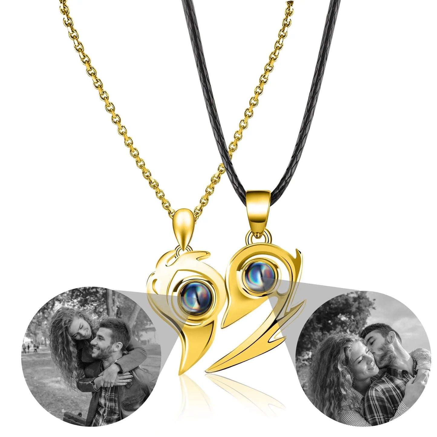 Flame Heart Shaped Custom Photo Projection Couples Necklaces - Blade & Thread