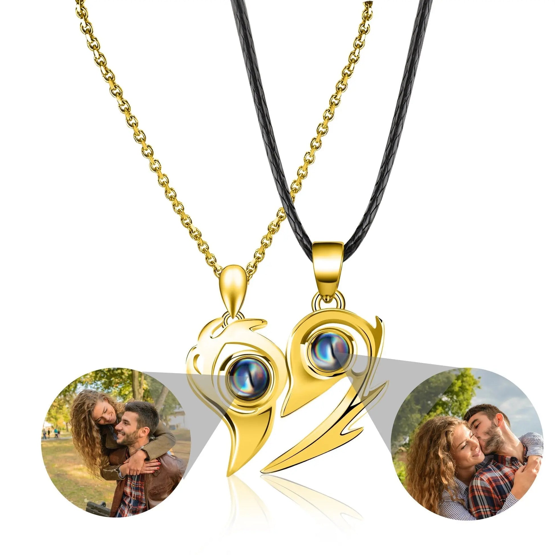 Flame Heart Shaped Custom Photo Projection Couples Necklaces - Blade & Thread
