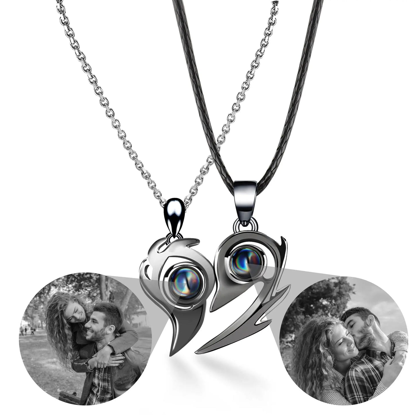 Flame Heart Shaped Custom Photo Projection Couples Necklaces - Blade & Thread
