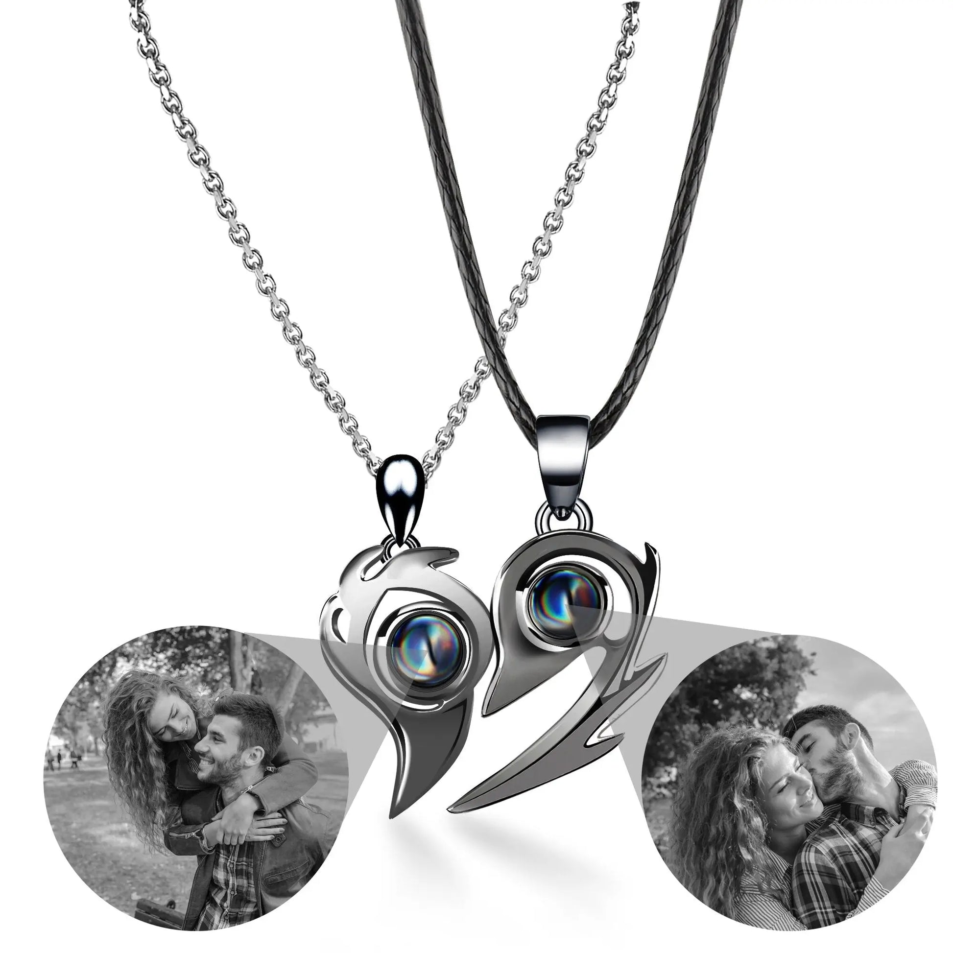 Flame Heart Shaped Custom Photo Projection Couples Necklaces - Blade & Thread