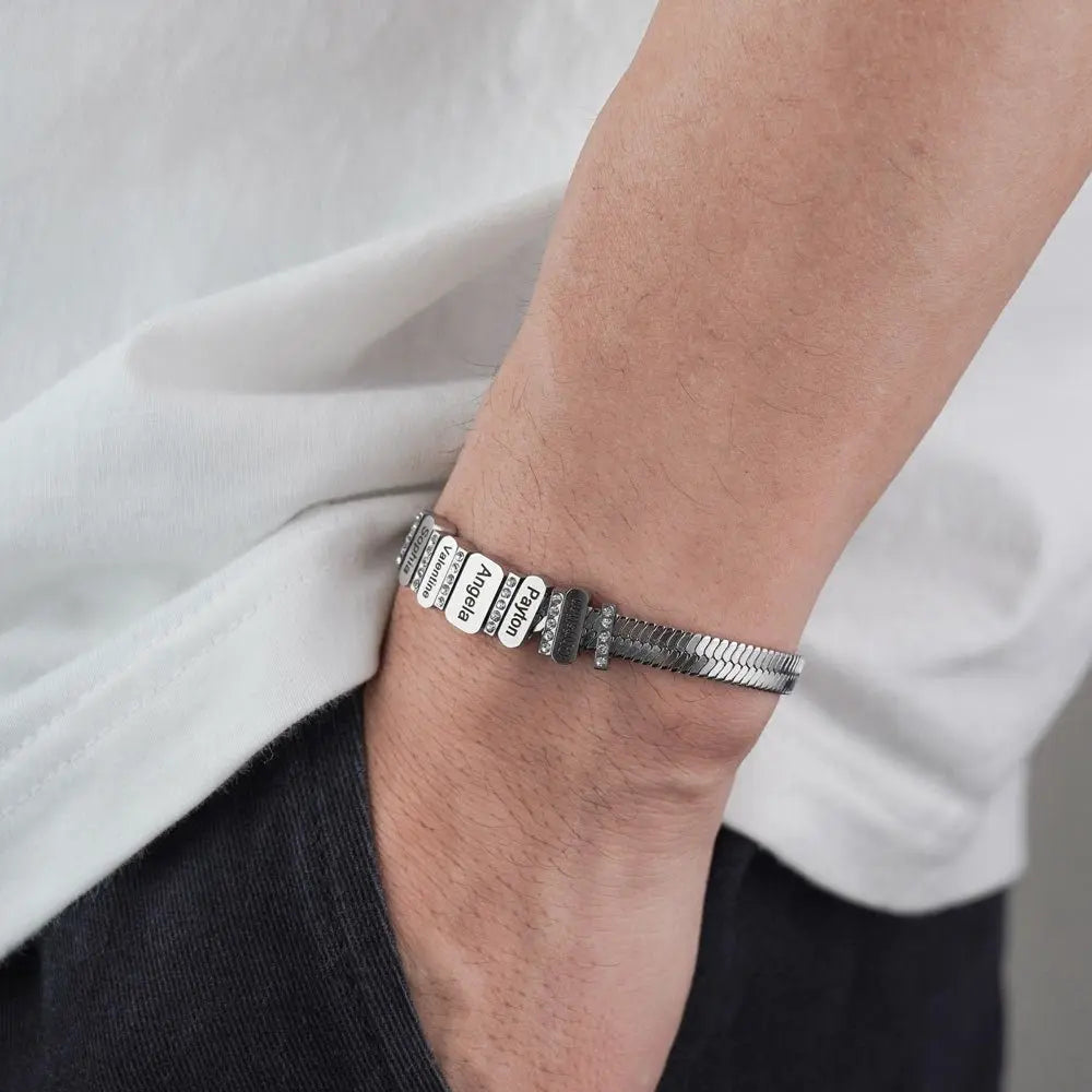 Flat snake bone chain diamond engraving bracelet - Blade & Thread