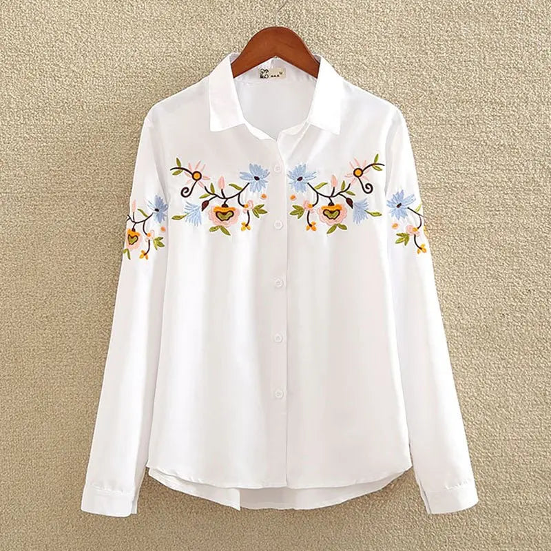 Floral Embroidered Blouse Shirt Women Slim White Tops Long Sleeve Blouses plus size - Blade & Thread