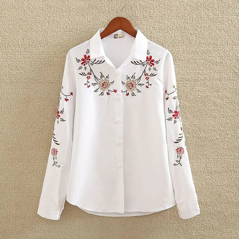 Floral Embroidered Blouse Shirt Women Slim White Tops Long Sleeve Blouses plus size - Blade & Thread