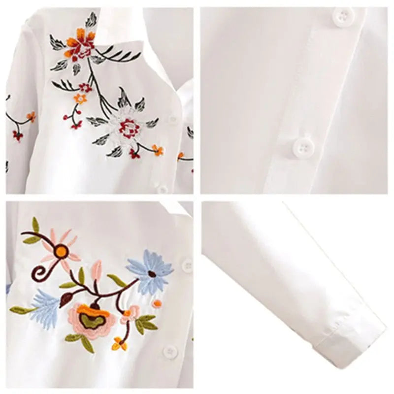 Floral Embroidered Blouse Shirt Women Slim White Tops Long Sleeve Blouses plus size - Blade & Thread