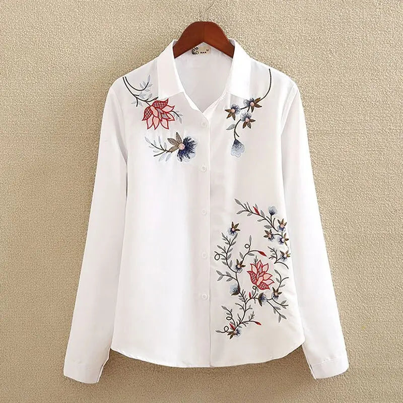 Floral Embroidered Blouse Shirt Women Slim White Tops Long Sleeve Blouses plus size - Blade & Thread