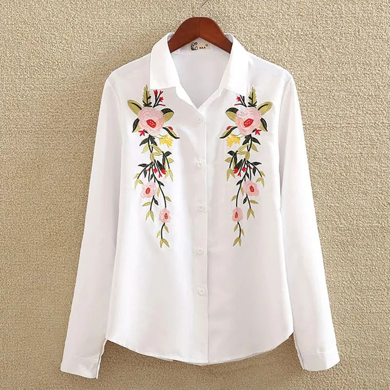 Floral Embroidered Blouse Shirt Women Slim White Tops Long Sleeve Blouses plus size - Blade & Thread