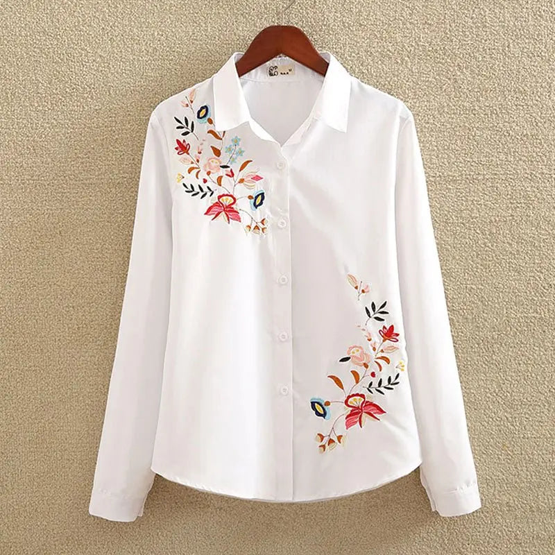 Floral Embroidered Blouse Shirt Women Slim White Tops Long Sleeve Blouses plus size - Blade & Thread