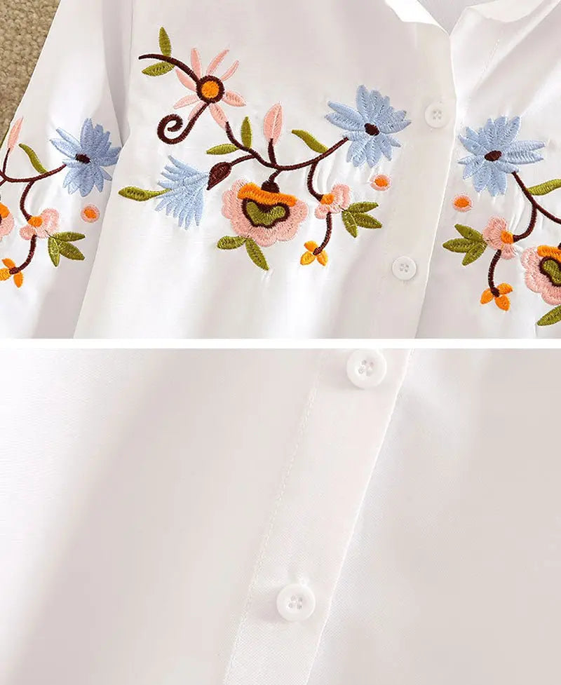 Floral Embroidered Blouse Shirt Women Slim White Tops Long Sleeve Blouses plus size - Blade & Thread