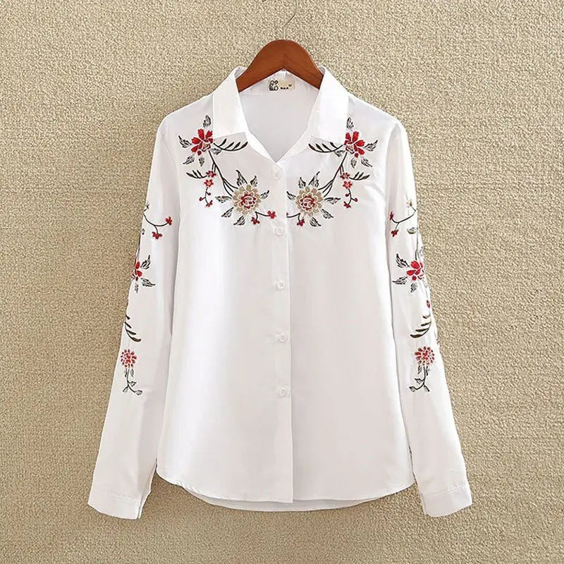 Floral Embroidered Blouse Shirt Women Slim White Tops Long Sleeve Blouses plus size - Blade & Thread