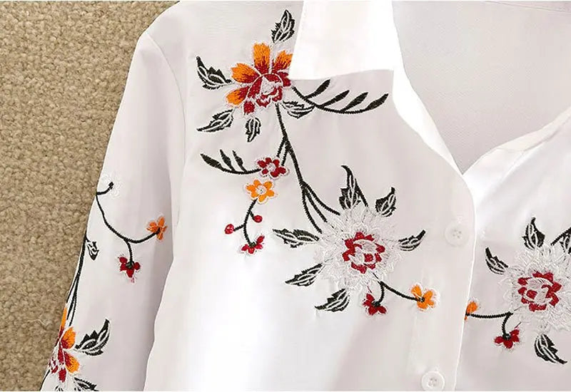 Floral Embroidered Blouse Shirt Women Slim White Tops Long Sleeve Blouses plus size - Blade & Thread