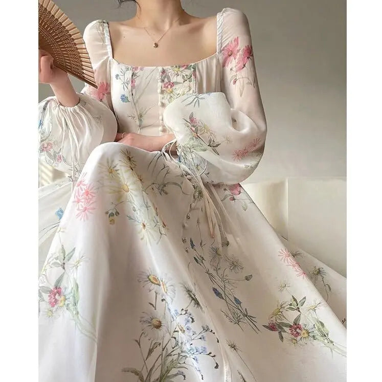Floral Mid-Length Dress Elegant Slim Waist Female A-line Dress 2023 Spring - Blade & Thread