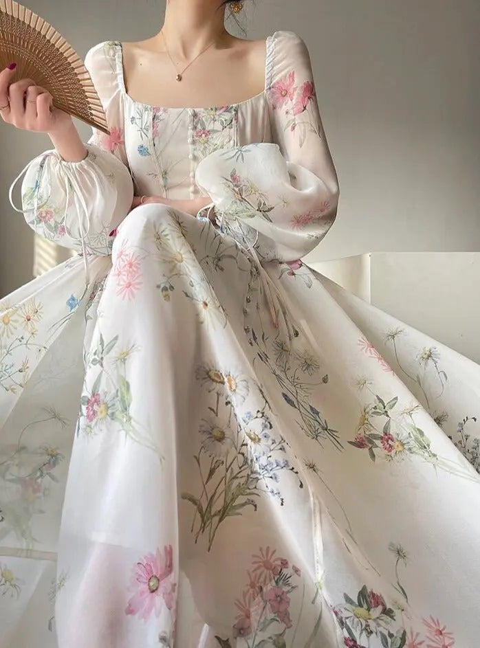 Floral Mid-Length Dress Elegant Slim Waist Female A-line Dress 2023 Spring - Blade & Thread
